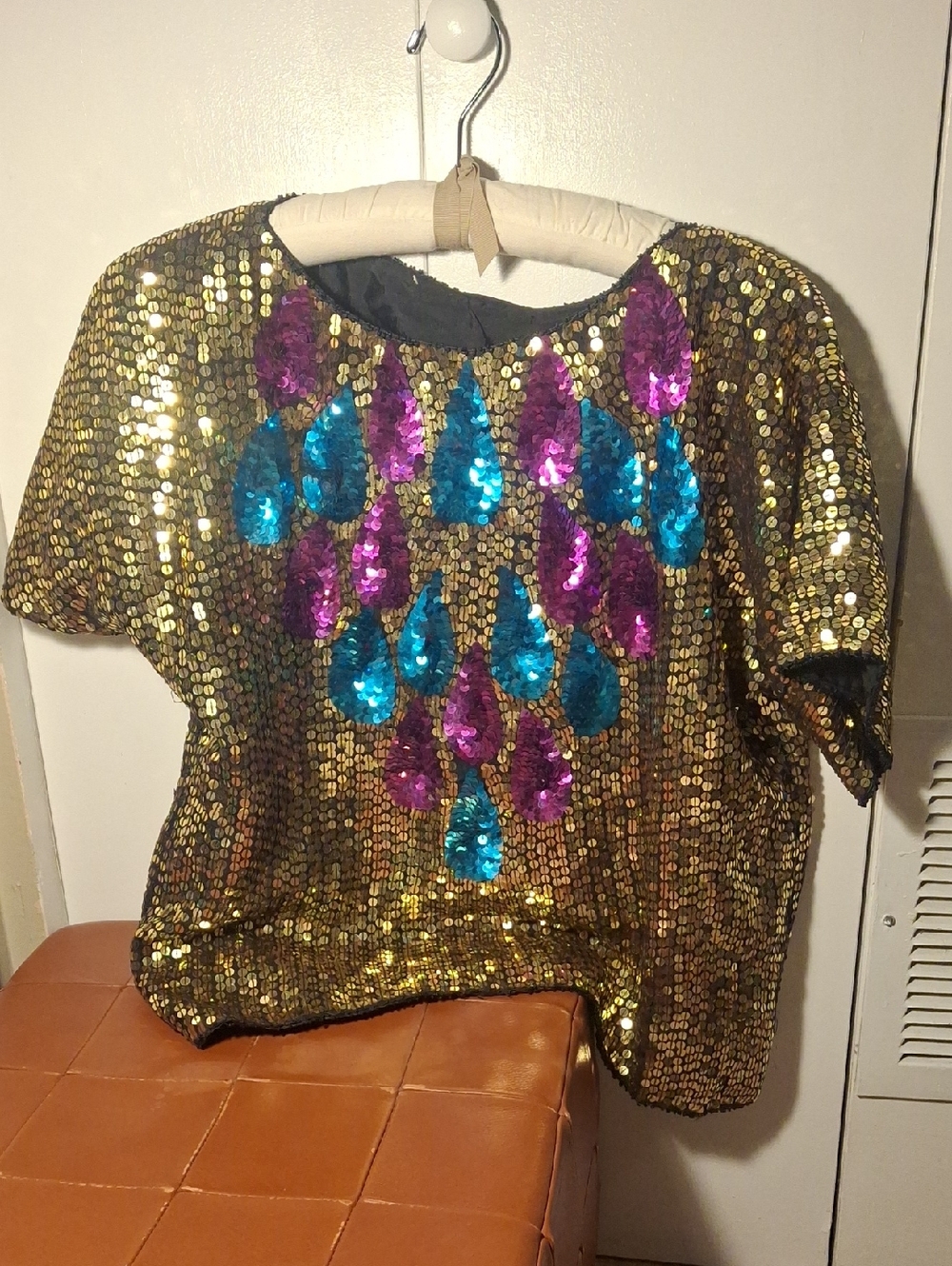 Gold Sequin Top with Teal and Fuchsia Teardrops